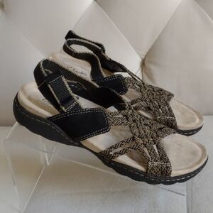 Clarks Sandals Amanda Ease Black Slingback Comfort Wedge Shoes